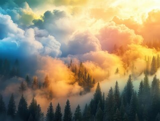 Wall Mural - expansive panorama of colorful clouds cascading into surreal tree formations, creating a vibrant, dreamlike landscape with ethereal light