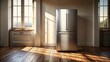 © VisualVault - A stainless steel refrigerator stands alone in a sunlit kitchen with warm wooden floors and two windows