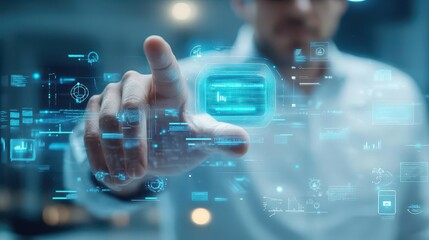 Aufkleber - Businessman, secure data hologram, augmented reality, futuristic office