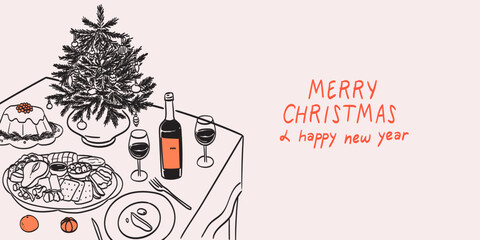 Wall Mural - Vector illustrations for new year celebration greeting or family dinner invitation. Modern horizontal poster placard with ink minimal line food and drinks. Christmas dinner table chalk crayon drawing.