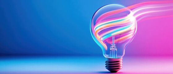 Wall Mural - A vibrant light bulb illuminated with colorful neon light trails on a blue and pink background.