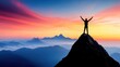 © Inlovehem - A person stands triumphantly on a mountain peak during a vibrant sunset, embracing the beauty of nature.
