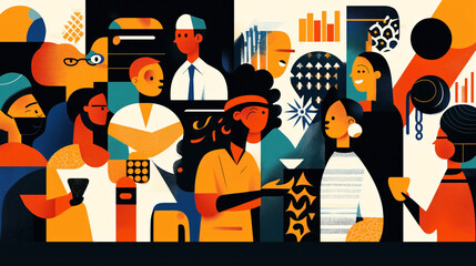 Wall Mural - abstract illustration depicting a diverse group of people interacting in a social gathering with geo