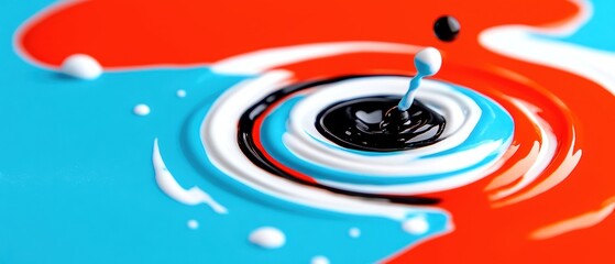 Wall Mural - Abstract paint swirl creating vibrant circular ripple effects in orange, white, black, and turquoise on a vivid background.
