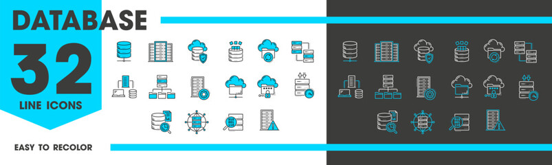 Poster - Database network server and cloud storage line icons, digital technology vector pictograms. Internet data backup storage, computer server with file transfer, encryption and personal data secure access