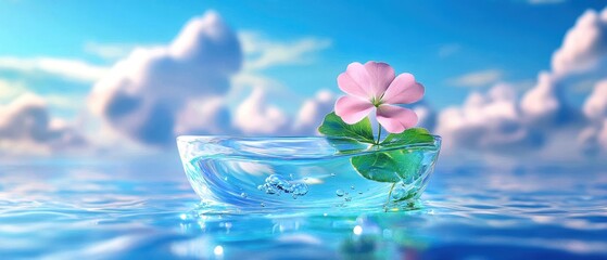 Wall Mural - a delicate pink flower floating in a glass bowl on tranquil water, surrounded by soft clouds and a s