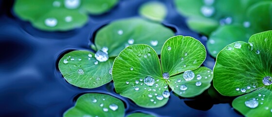 Wall Mural - lush green water lily leaves with droplets glistening on a serene water surface.