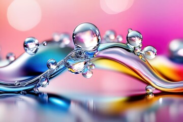 Wall Mural - Colorful water droplets on a smooth surface with a vibrant background, creating a dreamy and abstract effect.
