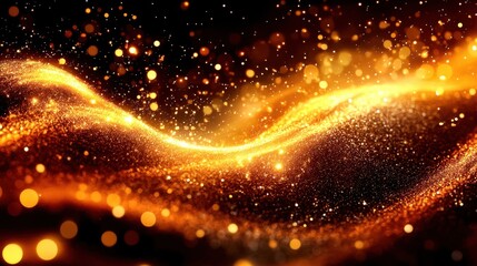 Wall Mural - Abstract golden wave with sparkling particles on a dark background.