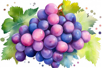 Wall Mural - watercolour bunch of ripe red grapes surrounded by lush green leaves glistening under gentle light, showcasing nature’s bounty during a sunny afternoon
