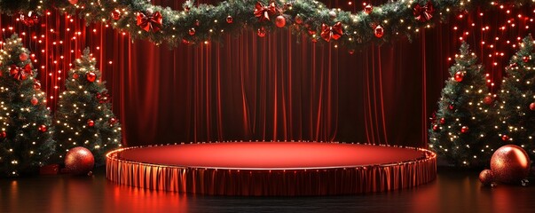 Poster - Christmas stage with red curtains, christmas trees and garland lighting up the scene
