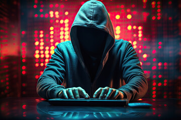 generated illustration of cyber crime hacker with laptop. Abstract binary code digital interface.