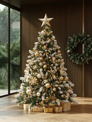 Wall Mural - decorated christmas tree with star on top