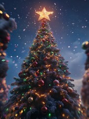 Wall Mural - decorated christmas tree with star on top