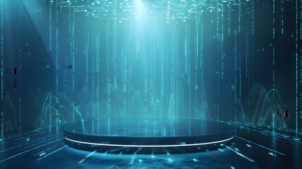Poster - Futuristic Digital Stage with Glowing Lights and Abstract Data Visualization, Perfect for Technology Presentations and Creative Displays