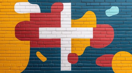 Wall Mural - colorful abstract mural on brick wall featuring geometric shapes in red, yellow, white, and teal.