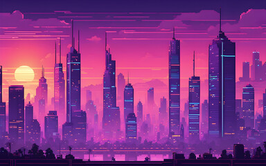 Poster - Pixel art futuristic cityscape, towering skyscrapers under a purple-hued sunset