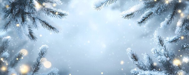 Aufkleber - Christmas background with snowy pine branches and sparkling lights