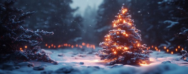 Aufkleber - Christmas tree illuminating snowy winter wonderland at night