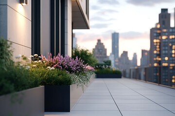 Canvas Print - A modern rooftop terrace with lush greenery and a view of a city skyline at sunset.