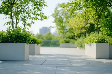 Sticker - A view of a paved walkway lined with planters filled with lush greenery, offering a tranquil outdoor space in an urban setting.