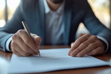 Wall Mural - Happy male client checking the contract for his new home in the real estate agent's office and signing it with a pen.