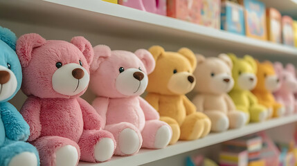 soft plush teddy bears in various colors arranged on shelf, creating cheerful and inviting atmospher