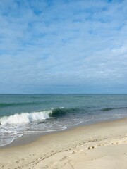 Wall Mural - Blue sea horizon, blue sky with white clouds, sandy seashore, wild empty beach