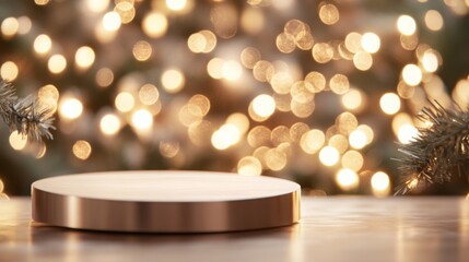 Poster - A beautifully crafted wooden display stand is featured prominently in the foreground, while a twinkling Christmas tree fills the background with warm lights, creating a cozy and festive atmosphere.