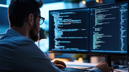 A software engineer writing code for a new application, with documentation and reference materials on the side.