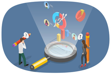 Wall Mural - 3d isometric flat illustration of market research, competitor analysis, and social media reports