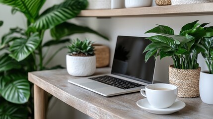 Wall Mural - a well-organized home workspace with a laptop computer, coffee cup, and various potted plants on a w