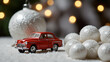 © Sughra - Lightning XL Toy car and white Christmas ball Small car with white Christmas toys against light background.