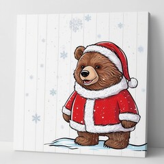 Wall Mural - Charming Illustration of a Cute Bear Dressed in a Santa Coat Surrounded by Snowflakes on a White Background, Perfect for Holiday Themes and Winter Decor