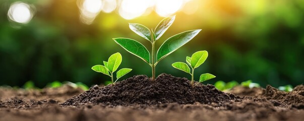 Wall Mural - A vibrant close-up of young green plants sprouting from rich soil, illuminated by warm sunlight, symbolizing growth and new beginnings.