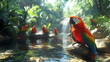 © AwieDarwis - Macaw Bird Sitting on Rock by Waterfall in Jungle - 3D Illustration