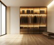 © Suman - 3D Rendering of a Minimalist Scandinavian Style Walk In Closet Featuring a Sleek Wooden Wardrobe and Functional Storage Solutions