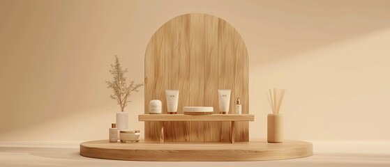 Wall Mural - Elegant 3D Minimalist Beauty Stage with Wooden Display Stand