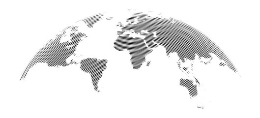 Wall Mural - rounded globe with continents and countries in halftone style. isolated world map vector background.