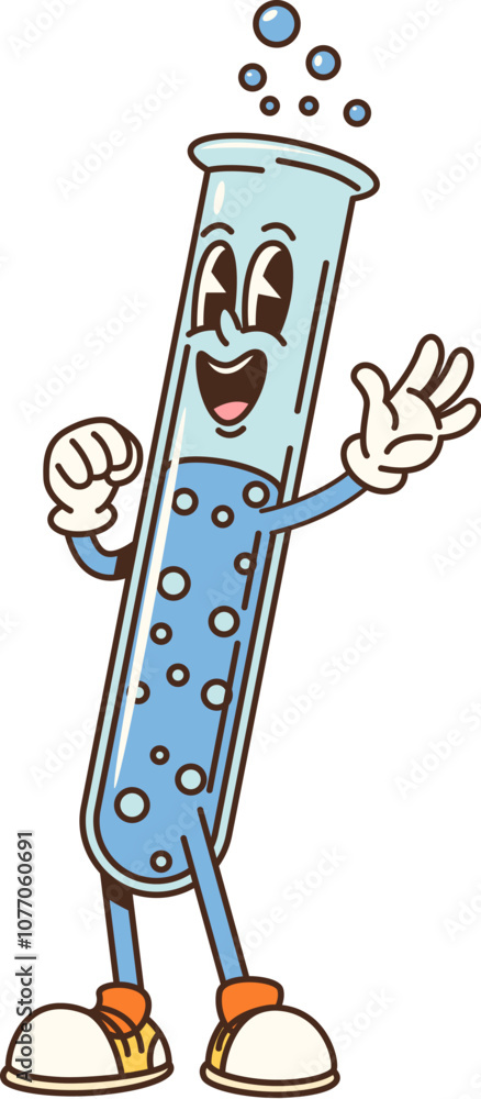 Cartoon groovy school test tube flask character. Retro chemical vial ...