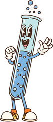 Poster - Cartoon groovy school test tube flask character. Retro chemical vial, funky science glassware. Isolated vector lab glass beaker filled with a blue bubbly substance, wears sneakers, ready for education