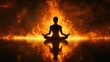 © GRYZZ - A silhouette of a woman meditating in a lotus pose with fire behind her. The flames reflect in the water below.