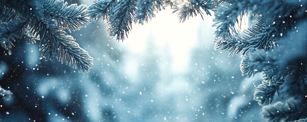 Aufkleber - Snow falling on pine branches creating a winter wonderland