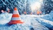 © HISTOCK - Traffic cone signalling road closure during snowfall with road workers in background
