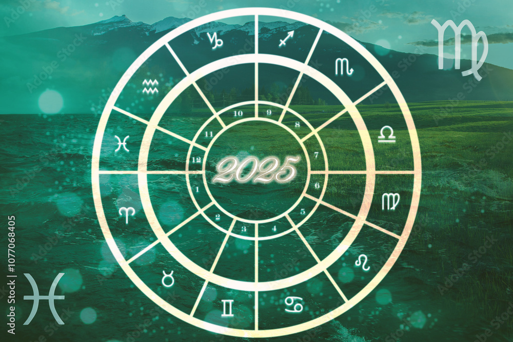 Ilustración de Stock Horóscopo y predicciones 2025. Eje de signos