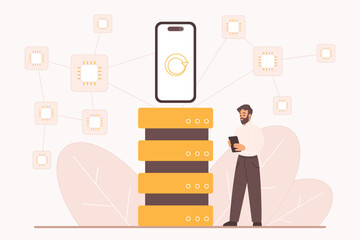 Poster - Dapps, decentralized application, P2P, open source software and ethereum blockchain technology. Tiny man with mobile phone, server and peer to peer network connection cartoon vector illustration