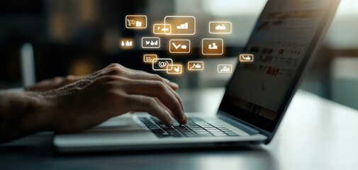 Poster - A hand typing on a laptop keyboard with digital icons hovering above, representing various online activities and data interactions.
