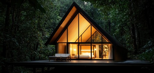 Poster - A modern cabin nestled in a lush forest, featuring large windows that illuminate the interior, blending natural beauty with contemporary architecture.