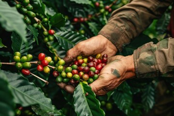 Sticker - Collecting raw coffee beans vegetation outdoors beverage.