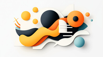 Wall Mural - abstract geometric composition featuring overlapping circles, waves, and lines in orange, black, whi
